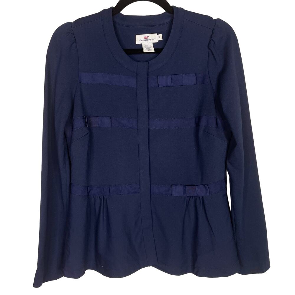 Vineyard Vines Womens 2 Navy Blue Grosgrain Bow Ponte Knit Blazer Jacket Peplum